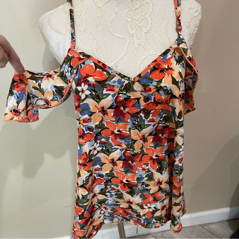Max Studio Blue Print Blouse Ruffles Size L
